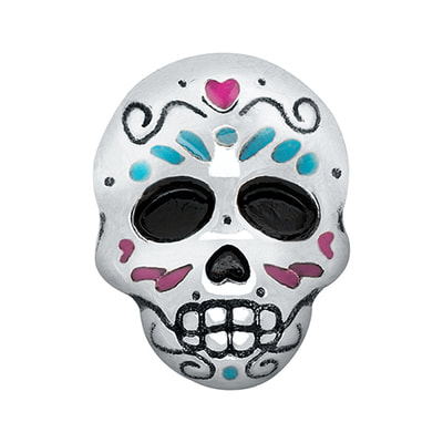 CH4032 Retired Sugar Skull Charm in Silver with Aqua and Pink Embellishments. Day of the Dead Holiday (Dia de Muertos)