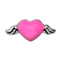 CH9005 Retired Pink Enamel Heart Charm with Silver Wings.