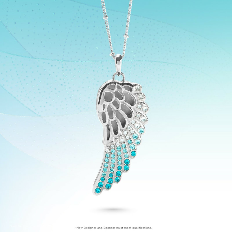 LK0011 Silver Single Angel Wing Locket with Aqua Ombre Crystals. A Sponsoring Exclusive