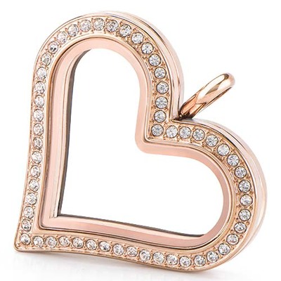 LK1033 Large Rose Gold Heart Hinged Locket with Crystals