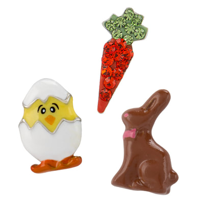 SP4024 Easter Charm Set of 3, Sparkle Carrot, Chocolate Bunny, Chick breaking out of Egg charms