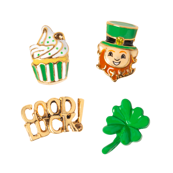 SP4047 St. Patrick's Day Charm Set of 4. Cupcake, Leprachan, Shamrock and Gold "Good Luck" Charms